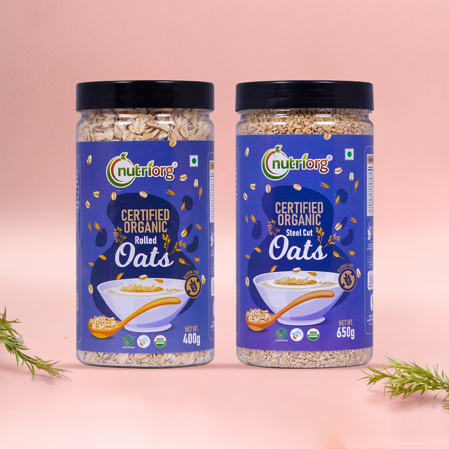 Nutriorg Organic Rolled Oats 400g with Organic Steelcut Oats 650g (Combo of 2)